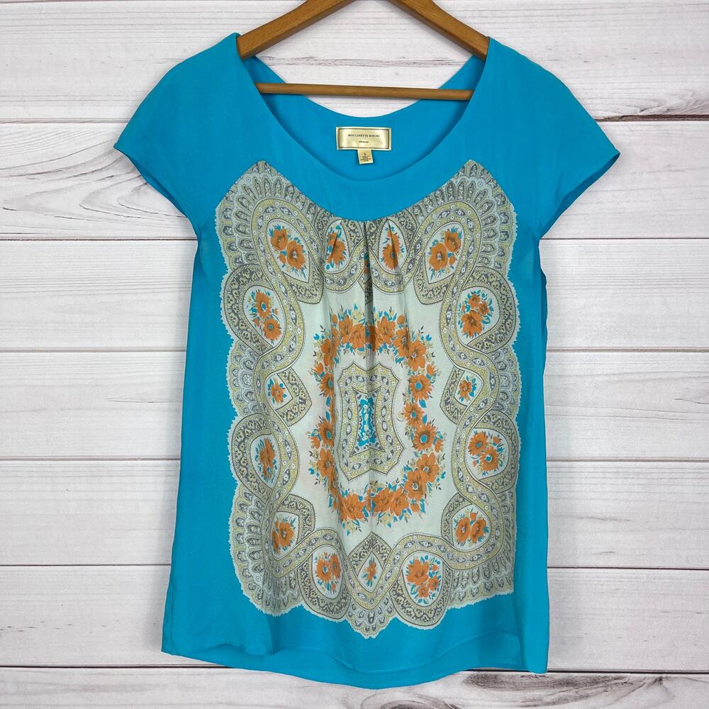 Anthropologie Moulinette Soeurs Blue Fonte Silk Short Sleeve Top S